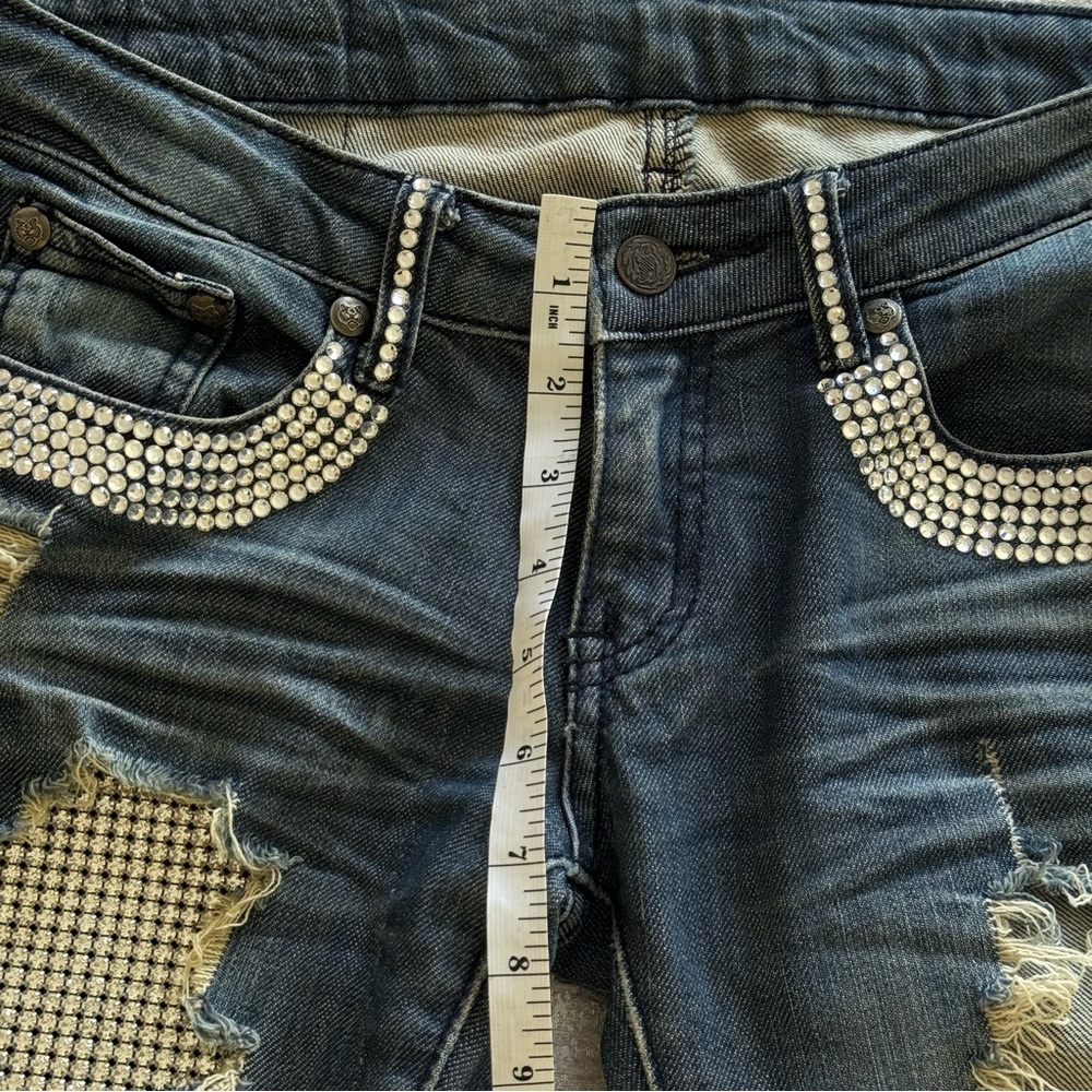 A7 Distressed Blue Jeans with Swarovski Crystals, Size 26 - Picture 9 of 12